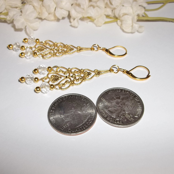 Earring Chandelier Statement Gold & Clear Set 4505 - Picture 7 of 8